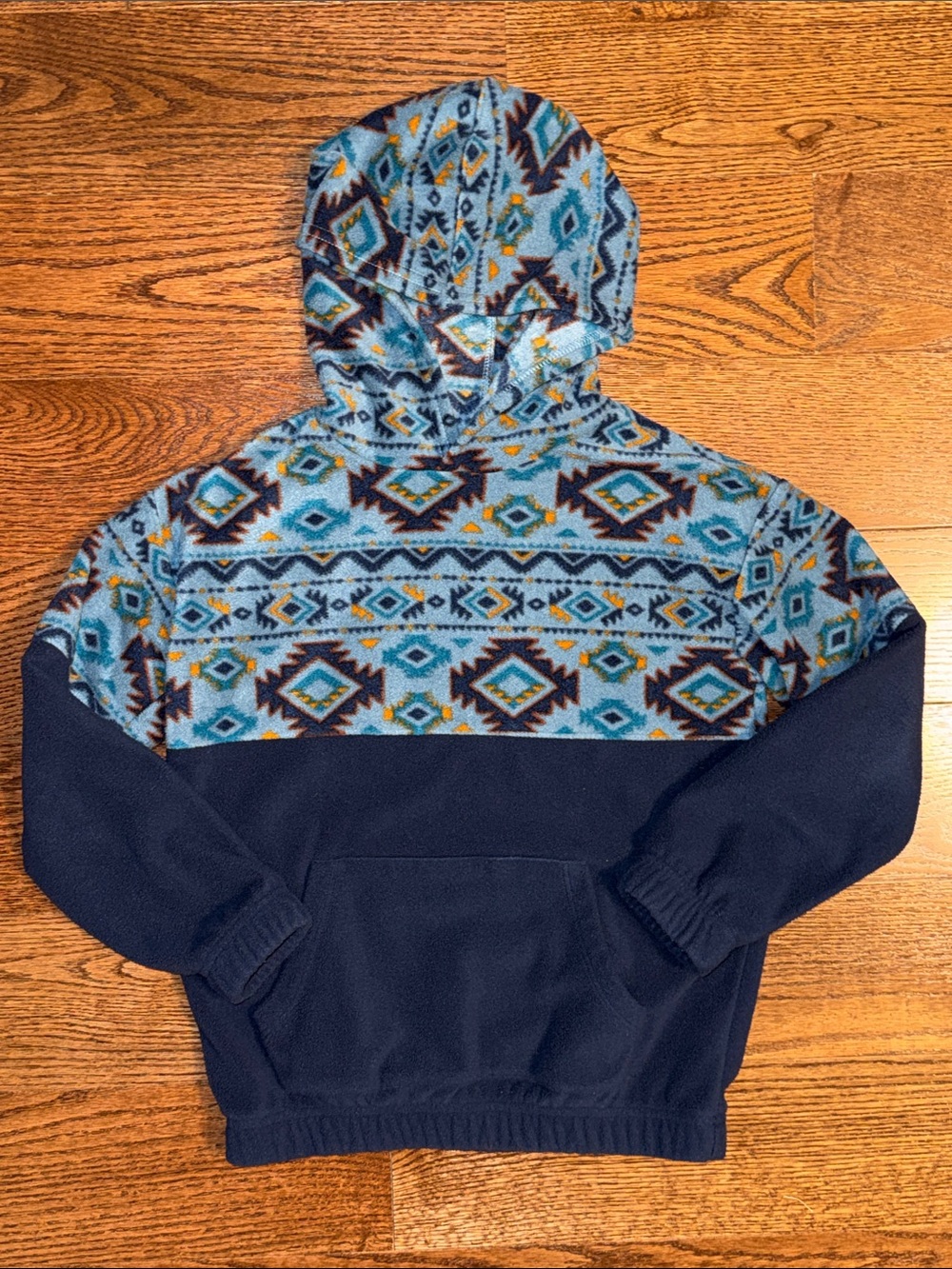 Size 8 boys fleece pullover hooded sweatshirt. Blue with colorful Aztec print.